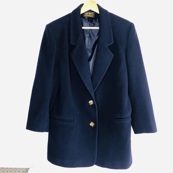 Vtg Women 90s Eddie Bauer Wool Navy Blue Overcoat Blazer Size S Button Academia - Picture 1 of 9